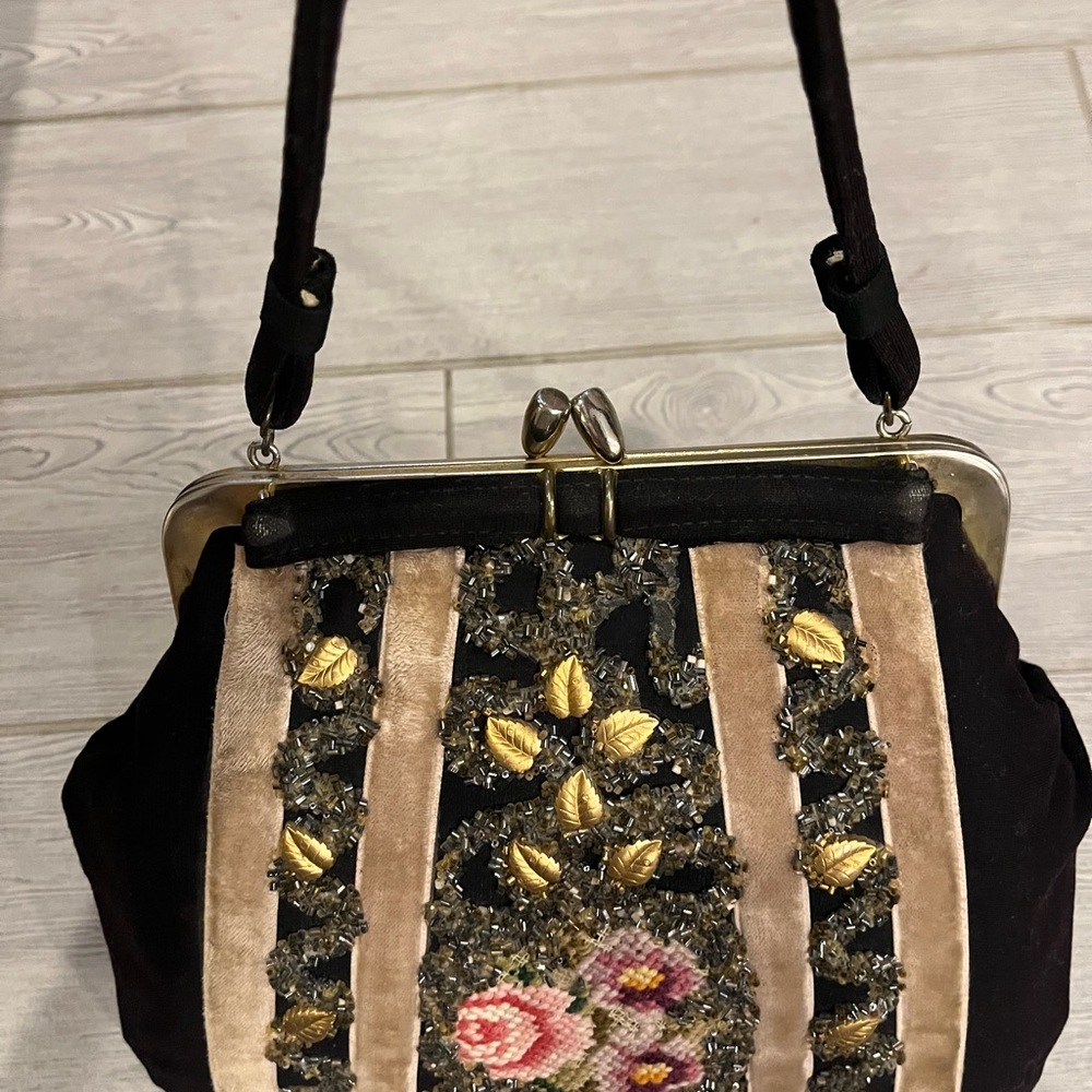 1950s Vintage Stunner Black Velvet and Gold Floral Tapestry Beaded Handbag